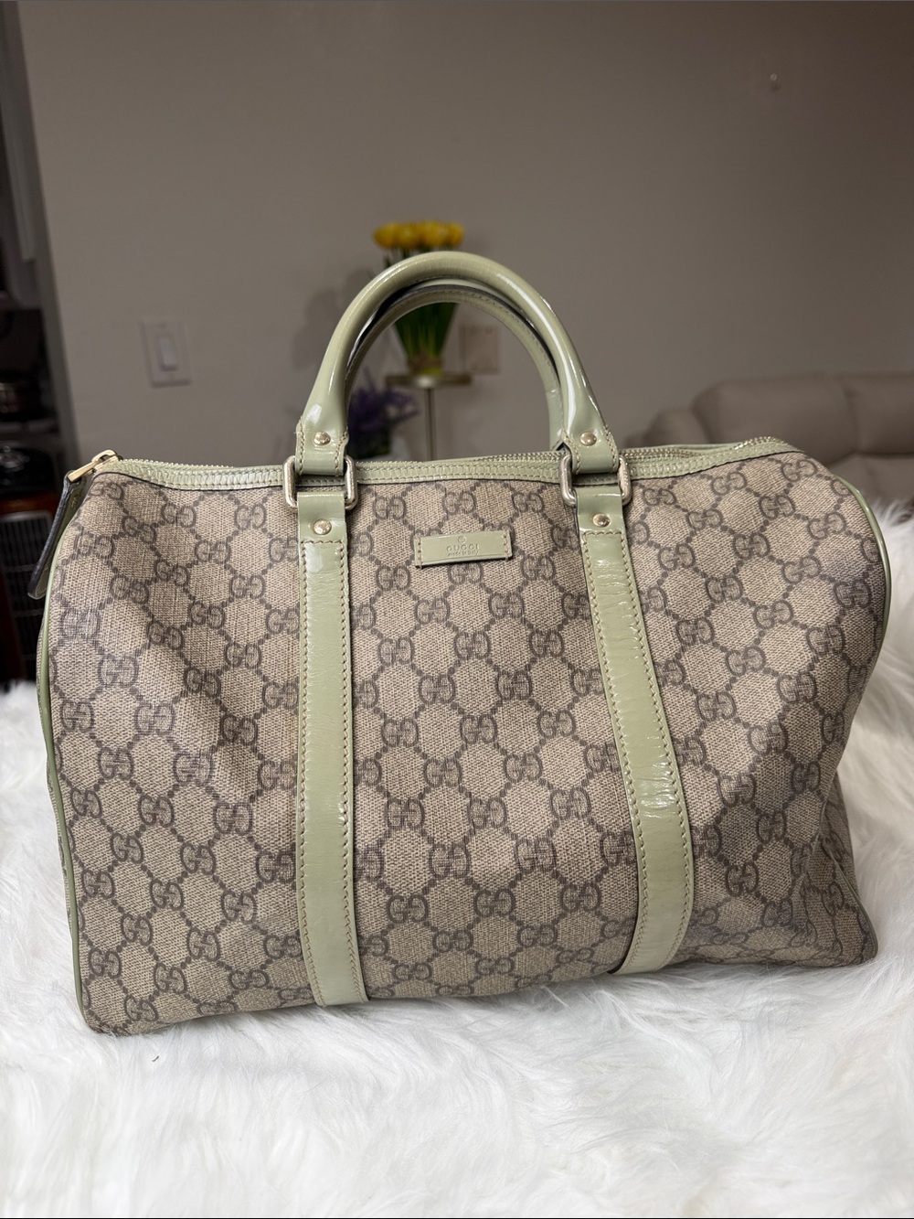 💯Authentic Gucci Vintage GG Monogram Boston Bag Sage Green Patent Leather🍀